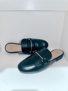 Target Black Leather Slip-On Loafer Mules with Gold Accent